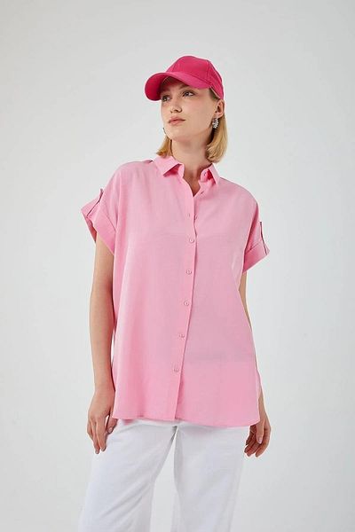 Mixray 3967 Women's Epaulet Short Sleeve Oversize Shirt Candy Pink