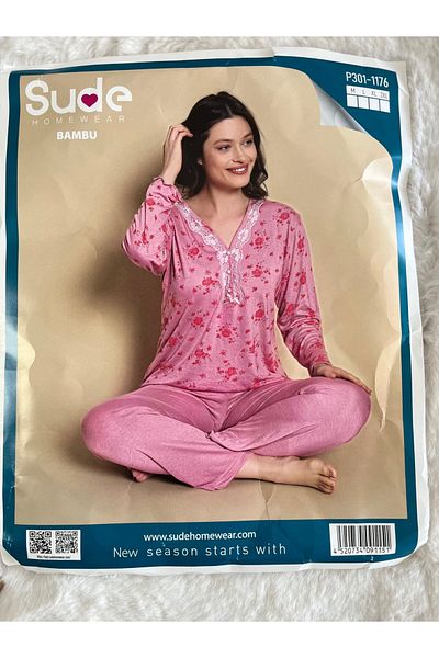 Sude Set pijama cu mâneci lungi cu dantelă în față