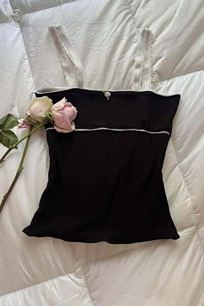 Karakedi Μαύρο Fairycore Grunge Λευκό Δαντελένιο Y2K Κροπ με λουράκι