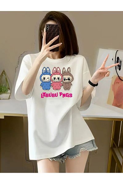 DEEFWEAR White Labubu Pngs Printed Unisex Oversize Tshirt