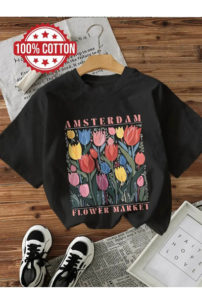 AEMİ تي شيرت برقبة دائرية كبيرة الحجم مطبوع عليه زهرة التوليب من أمستردام للج...