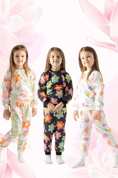 Fox Moda Cream Flower Black Flower Fruit Pattern Printed Seasonal Girl's Suit