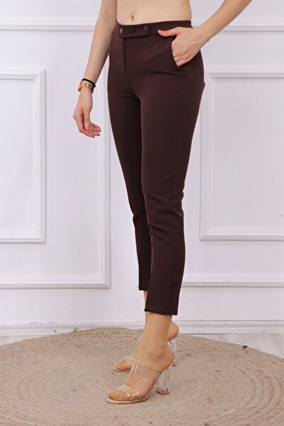 dubai showroom 3 düğmeli dar paça kumas pantolon acı kahve