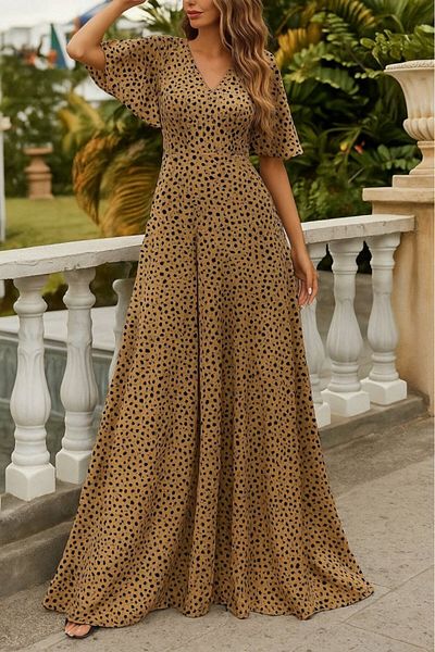 Modayakamoz New Season Women's Short Sleeve V Neck Patterned Stylish Long Dress