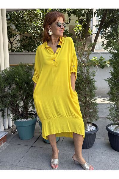 DenizEge Viscose Back Ring Detailed Dress Yellow