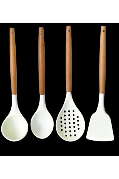 ZeDesign Silicone Bamboo Handle 4 Piece Kitchen Serving Set Cream Color (CAP-SPOON-CELL-SPATULA)