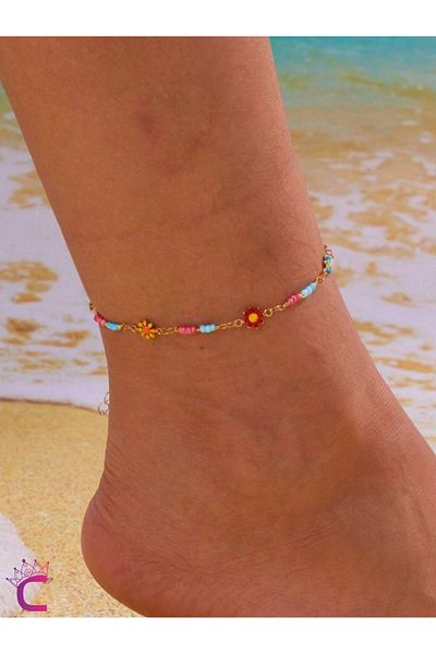 Cinderella Sunflower Stone Colorful Beaded Women's Adjustable Chain Anklet - Sea Beach Jewelry Foot Bracelet