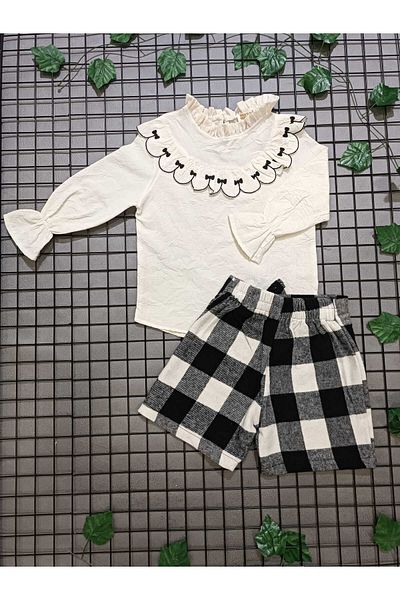 Kamex Bow Embroidered Shirt Plaid Shorts Skirt Girl's Suit