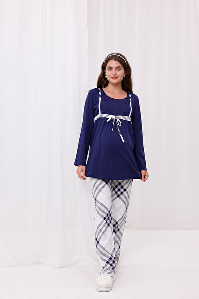 Yulem Homewear Σετ πιτζάμες εγκυμοσύνης από βαμβακερό κορδόνι με καρό σχέδιο ...