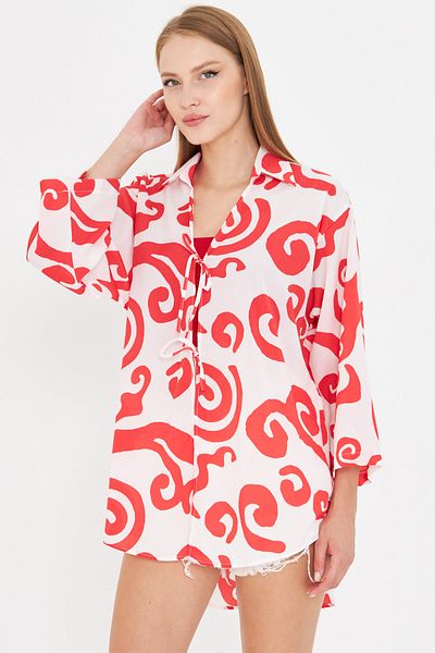 armonika Women's Red-White Shirt Collar Front Lace-Up Kimono Shirt Arm-25K001006