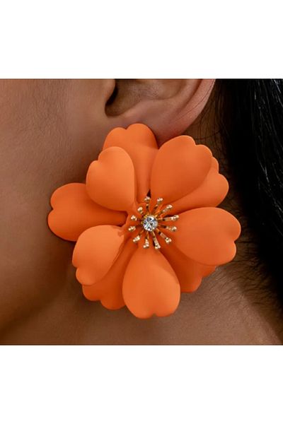 SE Jewellery Collection Selin Ersoy Women's Orange Flower Form Earrings – Large Size Stone Detail