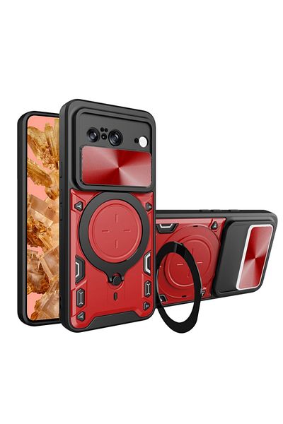 SKYDDAR INNOVATION Case for Google Pixel 8, CamGuard Pro, Magnetic Ring, Camera Protection, sticker set, Red