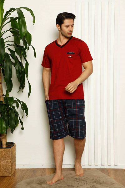 bie's Men's V-Neck Buttonless Plaid Pattern Short Sleeve with Pocket Shorts 100% Cotton Pajamas Set