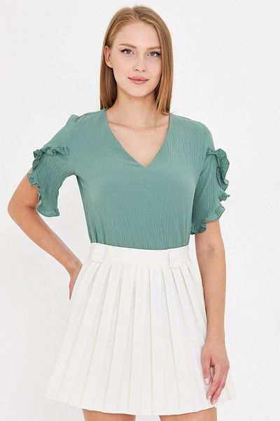 armonika Women's Turquoise V Neck Ruffled Short Sleeve Blouse Arm-25Y001070