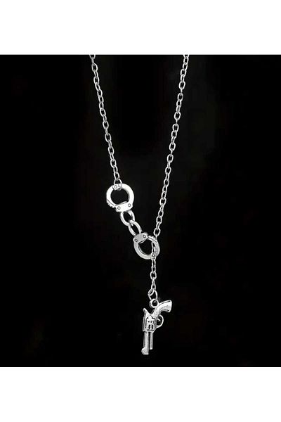 sarıyer silver Stylish Design Steel Necklace with Handcuff Detail Pistol Gun Pendant
