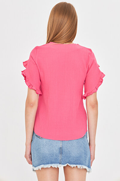 armonika Women's Fuchsia V Neck Ruffled Short Sleeve Blouse Arm-25Y001070