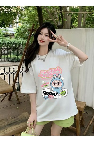 DEEFWEAR White Cute Exciting Macaron Labubu Printed Unisex Oversize Tshirt