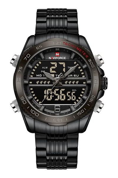 Naviforce Full Black Analog Digital Stainless Steel Strap Wrist Watch For Men