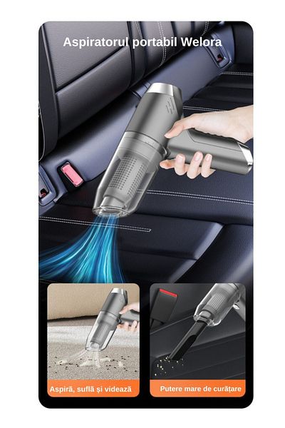 Welora Aspirator auto 3 în 1, fără fir, Turbo Duster, 120W, baterie 2000mAh, filtru HEPA, negru