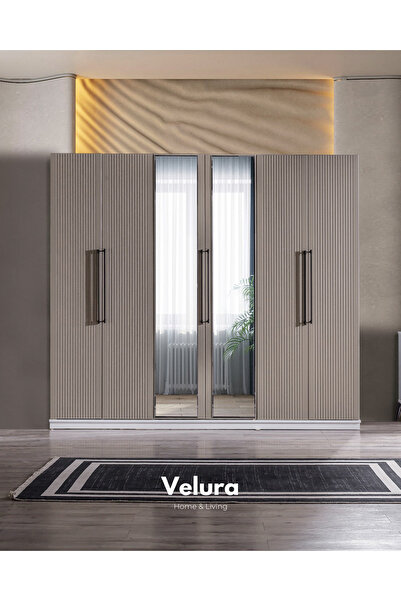 Velura Home & Living Stil (Kum Beji) Modern 6 Kapaklı Aynalı Gardırop (Dolap)