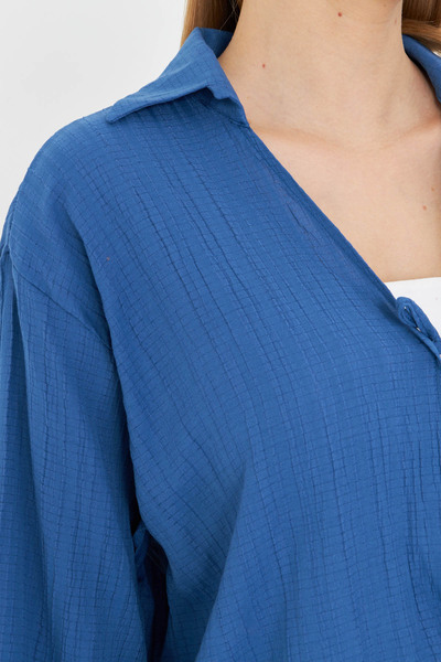 armonika Cămașă de damă albastru închis cu guler și șireturi în față ARM-25K001006