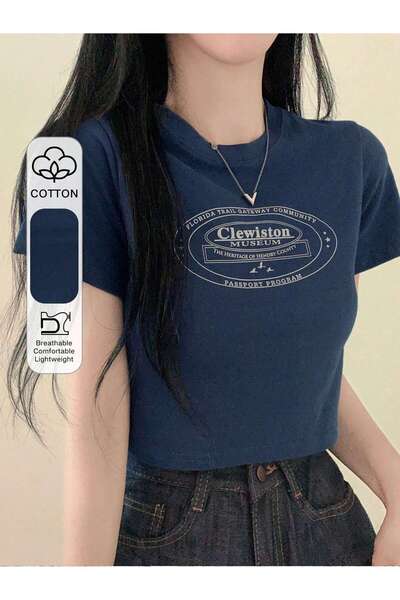 NAKRUF Kadın %100 Pamuk Bisiklet Yakalı Clewiston Baskılı Crop Bluz T-shirt