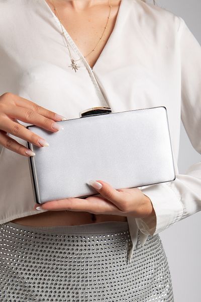 LİLLA Women's Portfolio Box Evening Dress Silver Satin Bag