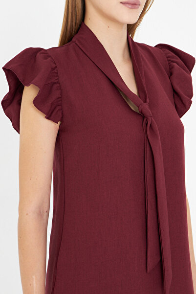 armonika Women Burgundy V Neckline Sleeves Ruffle Tie Detail Dress Arm-25Y001022