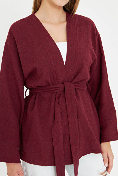 armonika Women's Burgundy Belted Kimono Arm-25Y001073