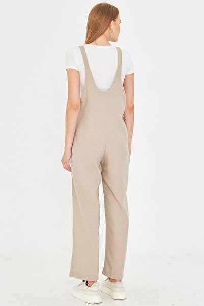 armonika Women's Beige Pocketed Wide Leg Gardener Jumpsuit Arm-25Y001043