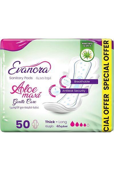 Evanora Sanitary Pads Aloe Maxi 50 Count | Thick & Long | Gentle Care with Aloe Vera + Vitamin E