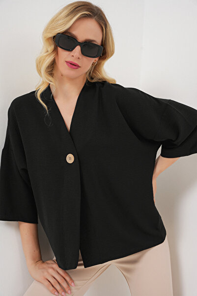Bigdart Kadın Kısa Kol Oversize Kimono 5969 - Siyah