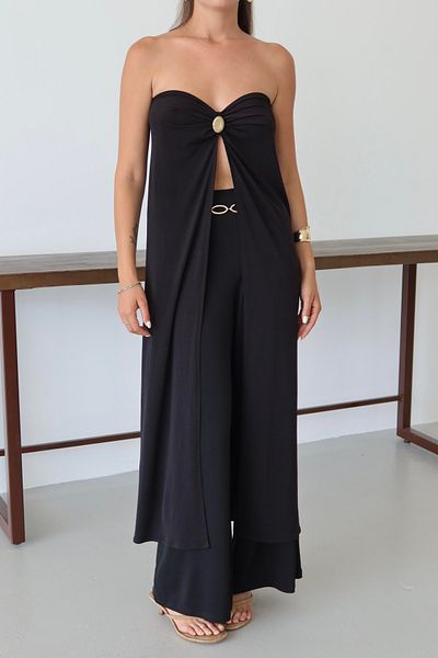 Laluvia Black Bianca Cape Pants Suit - 2817