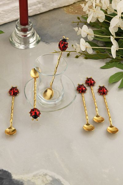 TR Turan Collection Ladybug Decorative Gold Color Tea Spoon Set of 6, Metal Body Stylish Design