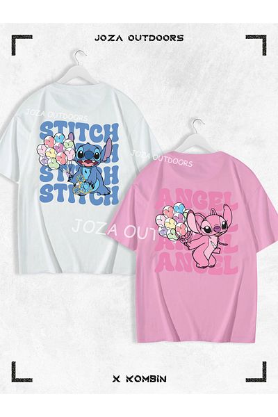 Joza Outdoors Lilo Angel Stitch Scris pe spate BICURIT Imprimat Cuplu Iubitoare Combinație Tricou colorat supradimensionat Set de 2