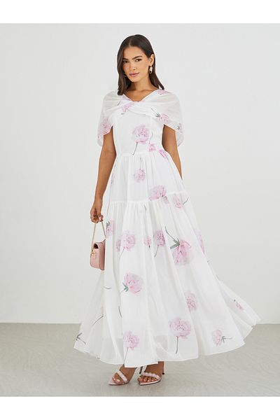 Styli Floral Print A-Line Maxi Dress with Gathers