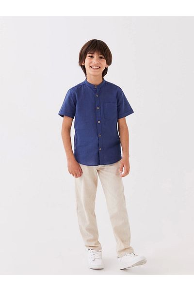 LC Waikiki Lcw Kids Navy Blue Judge Collar Linen Blended Boy's Shirt
