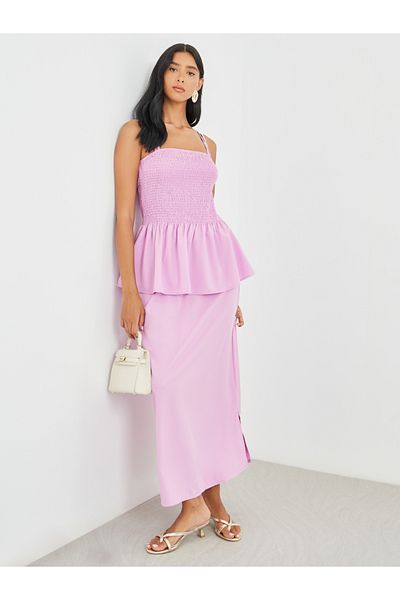 Styli Solid Smocked Strappy Top and Midi Skirt Co-Ords