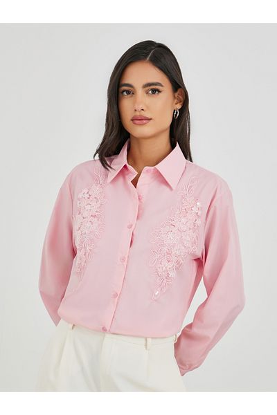 Styli Embroidered Long Sleeve Spread Collar Shirt