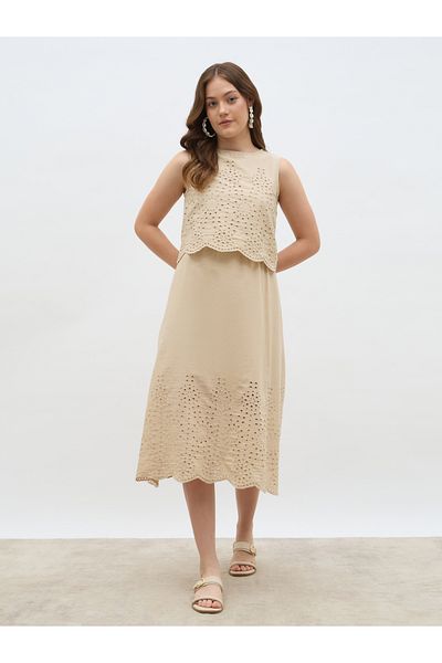 Styli Women Beige Schiffli Sleeveless A-Line Midi Dress