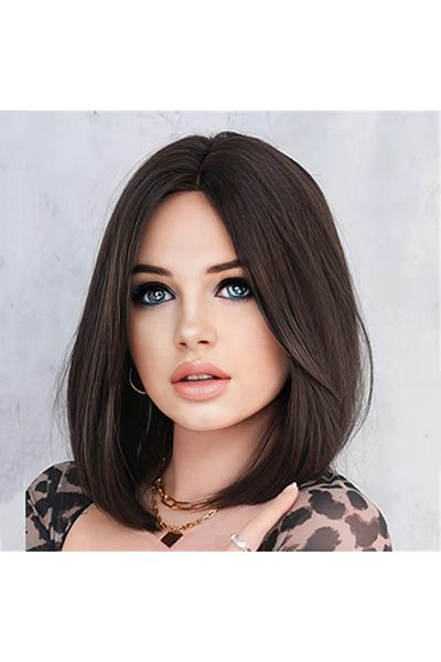 Fenomen Peruk Dark Brown Straight Bob Long Perçemli Wig