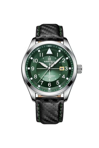 Naviforce Men's Green Dial Leather Strap Quartz Analog Wristwatch Water Resistant 30M for Everyday and Formal