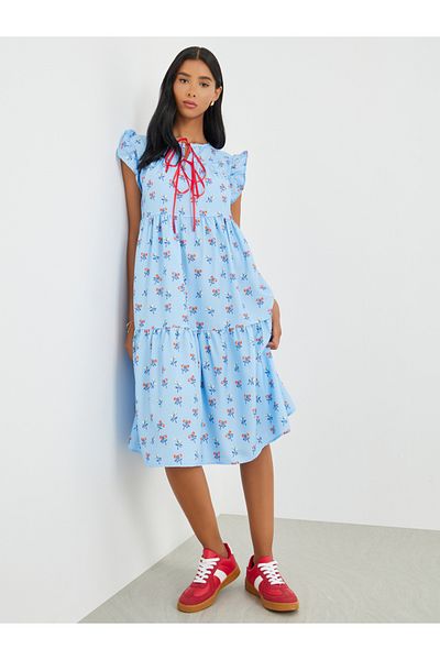 Styli Floral Print Ruffled Sleeve Tiered Midi Dress