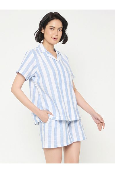 Clovia By Styli Striped Button-Down Cotton Shirt and Shorts Set