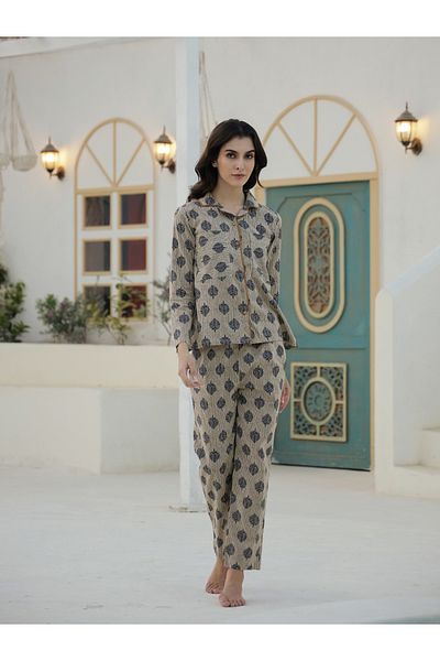 Sanskrutihomes By Styli Printed Buttoned Long Sleeve Shirt and Pyjama Set