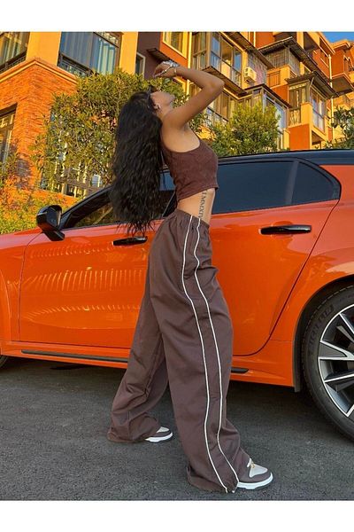 RockMore Y2K Brown Double Stripe Parachute Pants