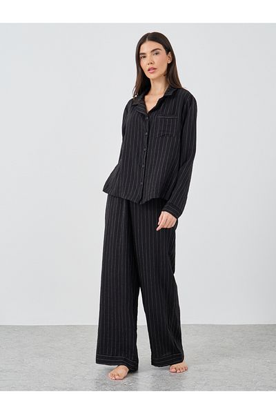 Styli Textured Striped Buttoned Shirt and Pyjama Set