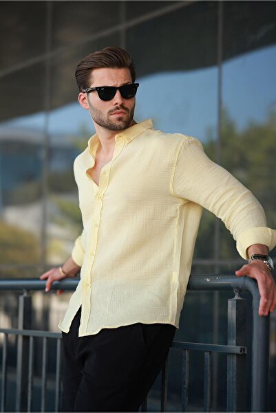 Madmext Yellow Basic 100% Cotton Long Sleeve Men's Shirt E6761