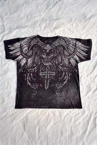 Köstebek Black Gothic Devil Horned Skull Cyber ​​Grunge Unisex T-Shirt