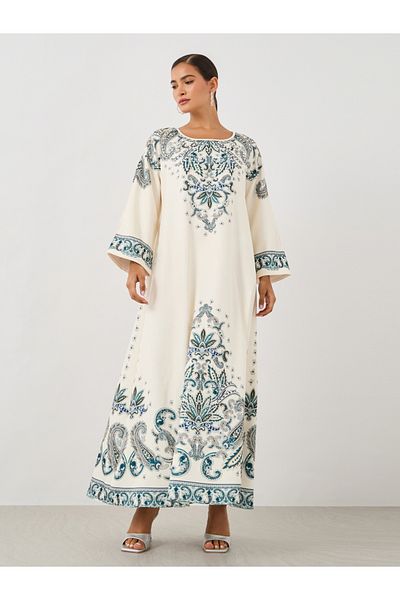 Styli Paisley Placement Print Round Neck Jalabiya